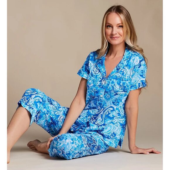 Lauren Ralph Lauren Classic Knit Capri Pant PJ Set Blue Paisley S